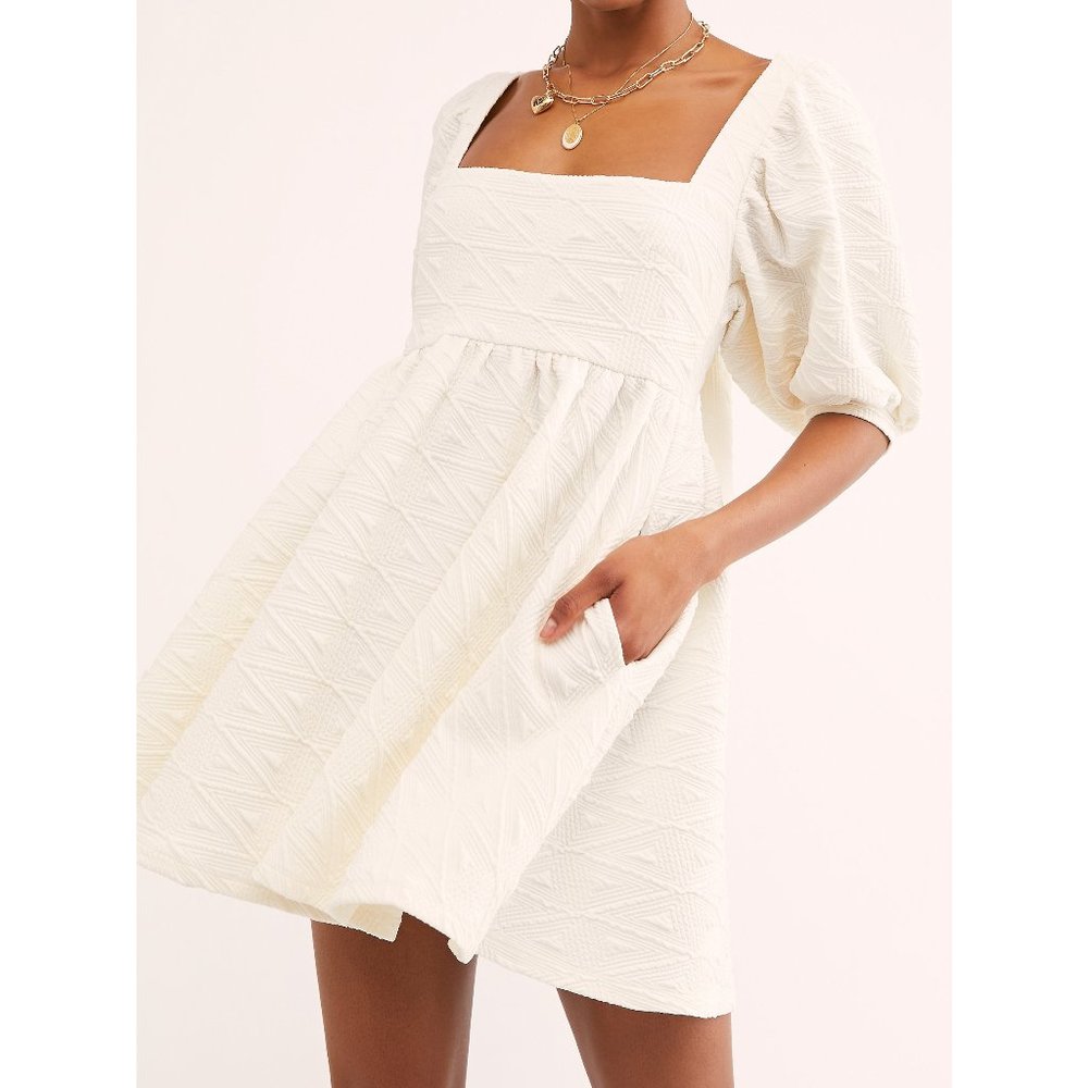 Free People Ivory Textured Square-Neck Mini Dress